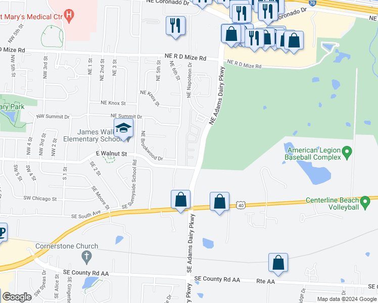 map of restaurants, bars, coffee shops, grocery stores, and more near 121 Northeast Adams Dairy Parkway in Blue Springs