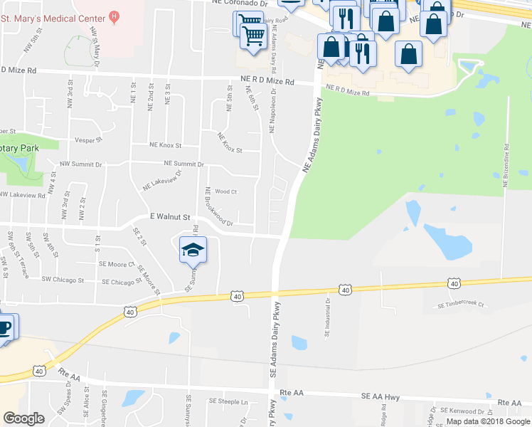 map of restaurants, bars, coffee shops, grocery stores, and more near 121 Northeast Adams Dairy Parkway in Blue Springs