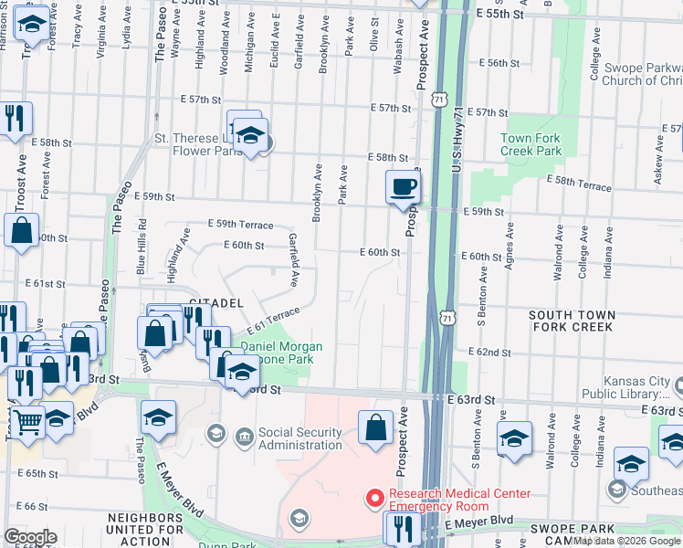 map of restaurants, bars, coffee shops, grocery stores, and more near 6028 Olive Street in Kansas City
