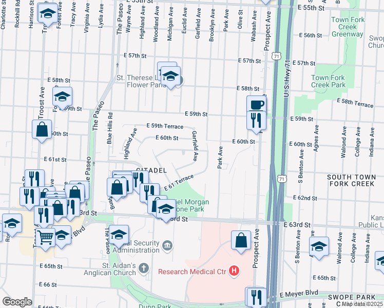map of restaurants, bars, coffee shops, grocery stores, and more near 2008 East 61st Street in Kansas City