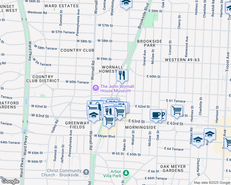 map of restaurants, bars, coffee shops, grocery stores, and more near 6129 Brookside Boulevard in Kansas City