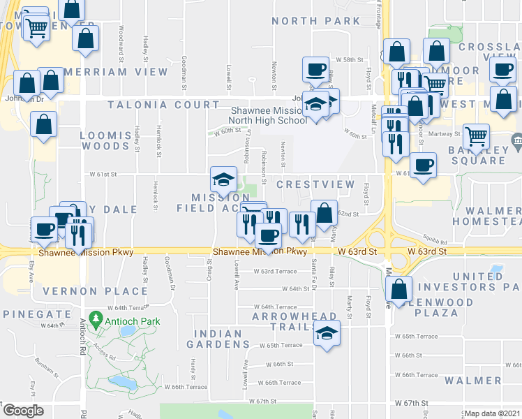 map of restaurants, bars, coffee shops, grocery stores, and more near 6202 Robinson Street in Overland Park