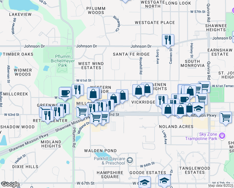 map of restaurants, bars, coffee shops, grocery stores, and more near 6209 Richards Drive in Shawnee
