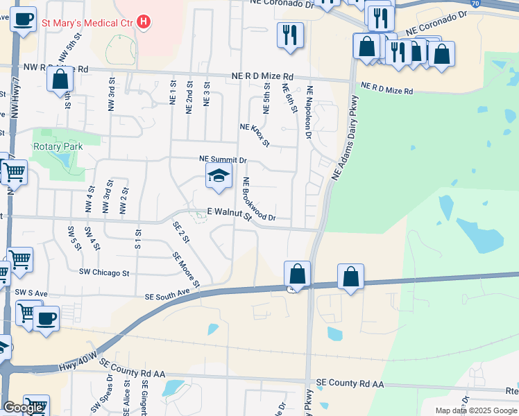 map of restaurants, bars, coffee shops, grocery stores, and more near 201 Northeast Brookwood Drive in Blue Springs