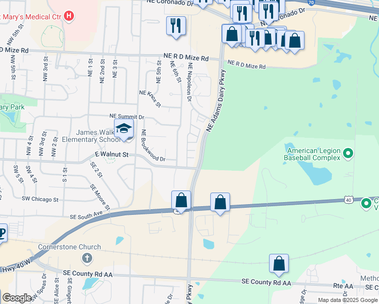 map of restaurants, bars, coffee shops, grocery stores, and more near 183 Northeast Adams Dairy Parkway in Blue Springs