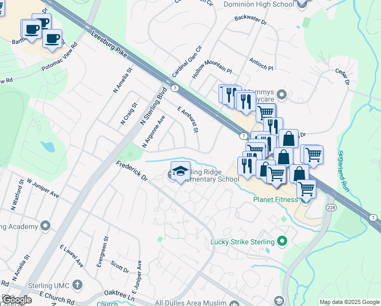 map of restaurants, bars, coffee shops, grocery stores, and more near 503 East Charlotte Street in Sterling
