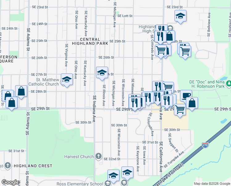 map of restaurants, bars, coffee shops, grocery stores, and more near 2816 Southeast Michigan Avenue in Topeka