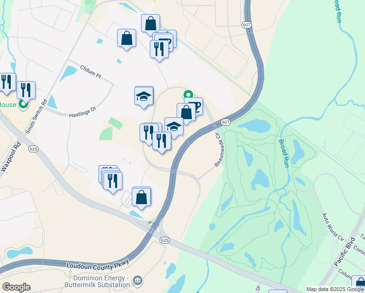 map of restaurants, bars, coffee shops, grocery stores, and more near Loudoun County Parkway in Ashburn
