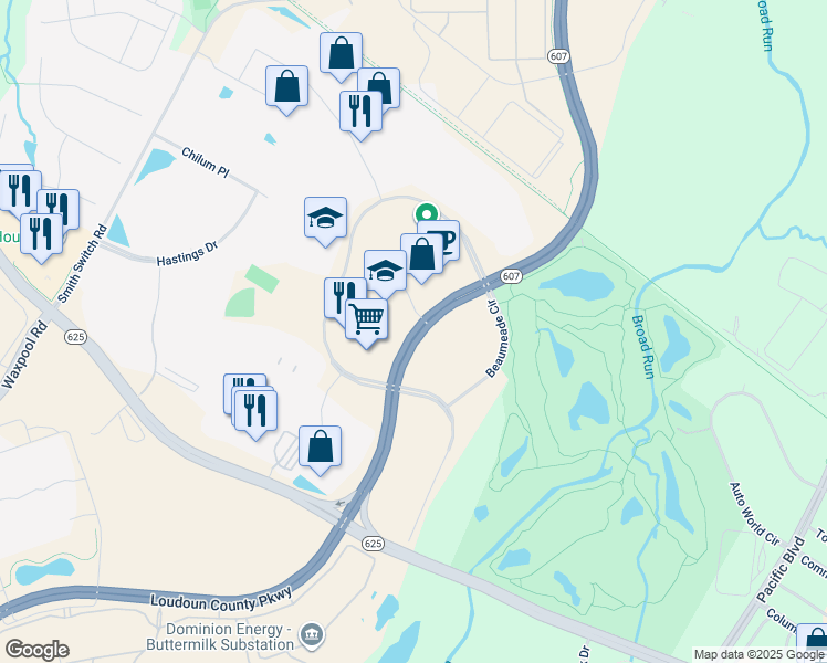 map of restaurants, bars, coffee shops, grocery stores, and more near Loudoun County Parkway in Ashburn