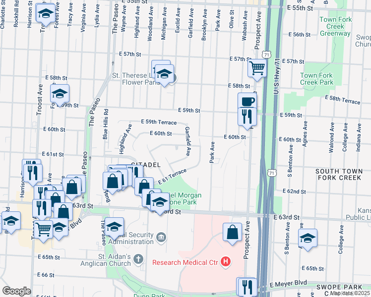map of restaurants, bars, coffee shops, grocery stores, and more near 2008 East 61st Street in Kansas City