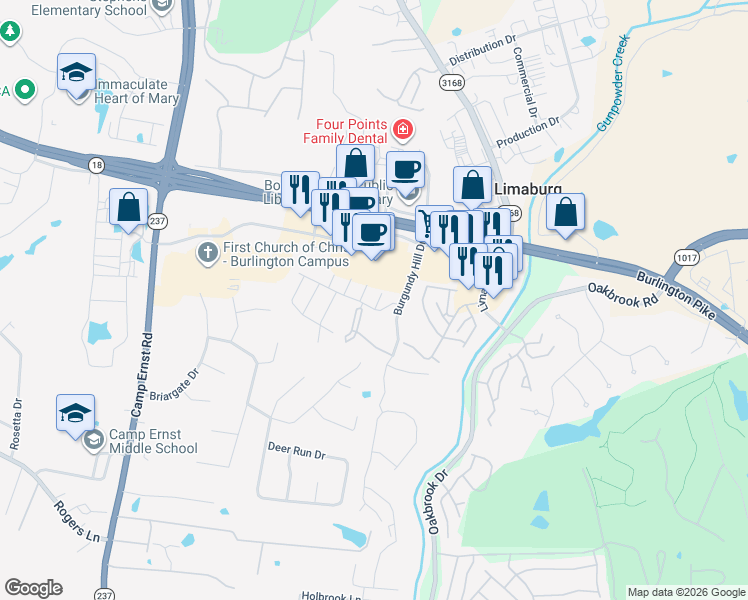 map of restaurants, bars, coffee shops, grocery stores, and more near 5107 Frederick Lane in Burlington