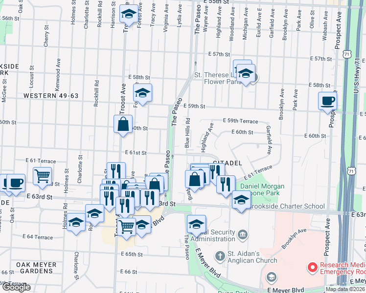 map of restaurants, bars, coffee shops, grocery stores, and more near in Kansas City
