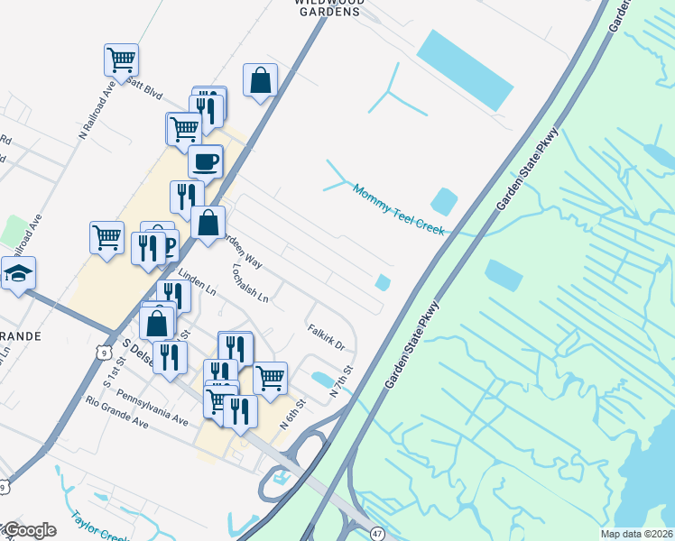 map of restaurants, bars, coffee shops, grocery stores, and more near 93 Priest Boulevard in Middle Township