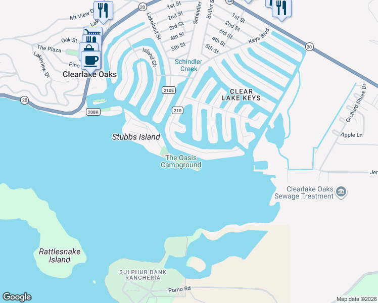 map of restaurants, bars, coffee shops, grocery stores, and more near in Clearlake Oaks