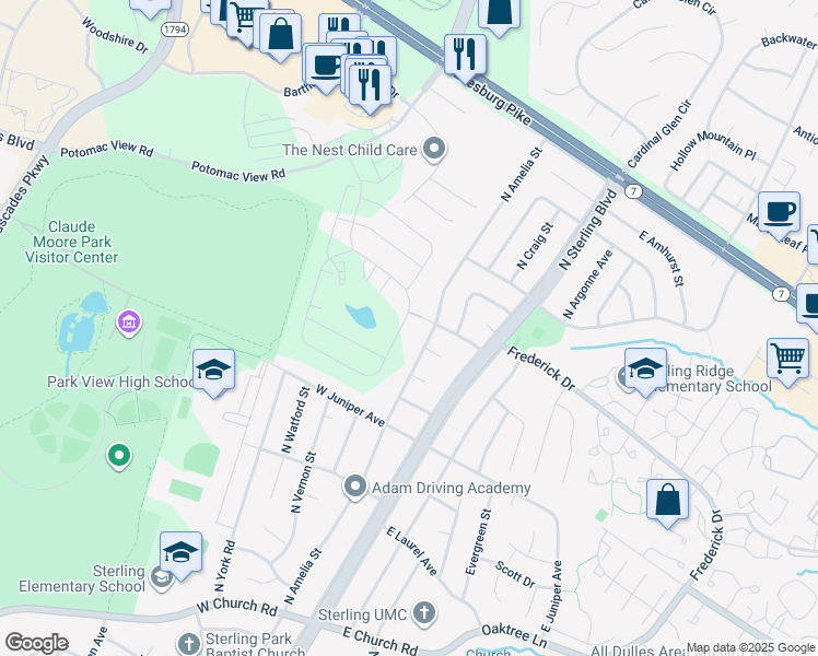 map of restaurants, bars, coffee shops, grocery stores, and more near 21805 Hawksbill High Circle in Sterling