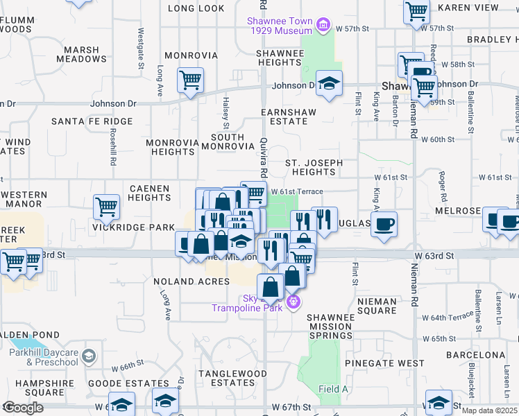 map of restaurants, bars, coffee shops, grocery stores, and more near 11912 Shawnee Mission Parkway in Shawnee
