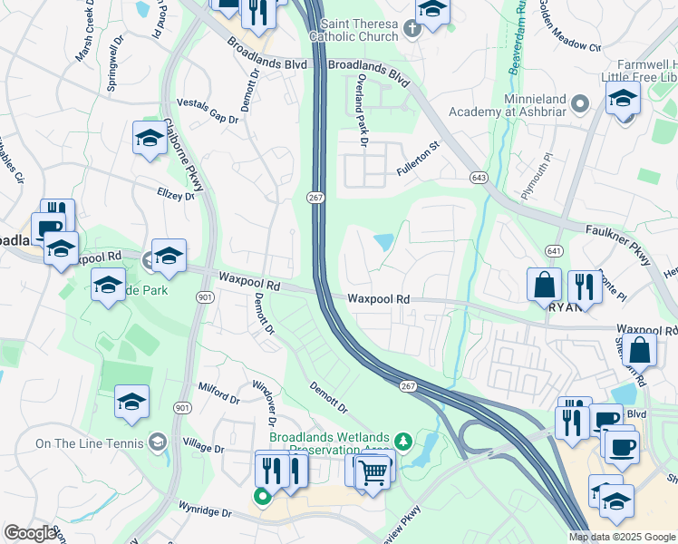 map of restaurants, bars, coffee shops, grocery stores, and more near 21663 Steatite Court in Ashburn