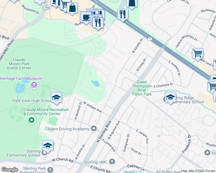 map of restaurants, bars, coffee shops, grocery stores, and more near 21805 Hawksbill High Circle in Sterling
