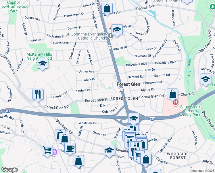 map of restaurants, bars, coffee shops, grocery stores, and more near 2105 Walsh View Terrace in Silver Spring