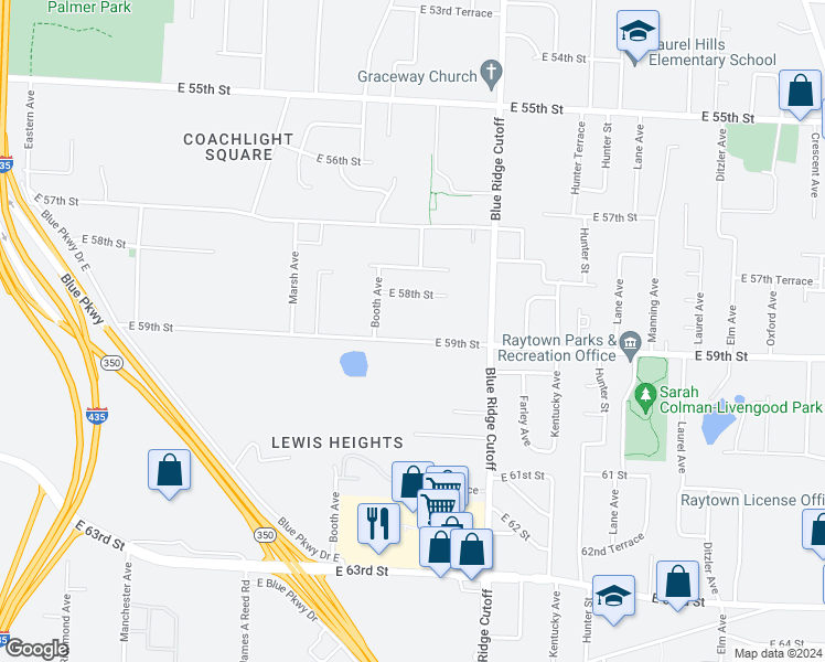 map of restaurants, bars, coffee shops, grocery stores, and more near 8617 East 59th Street in Kansas City