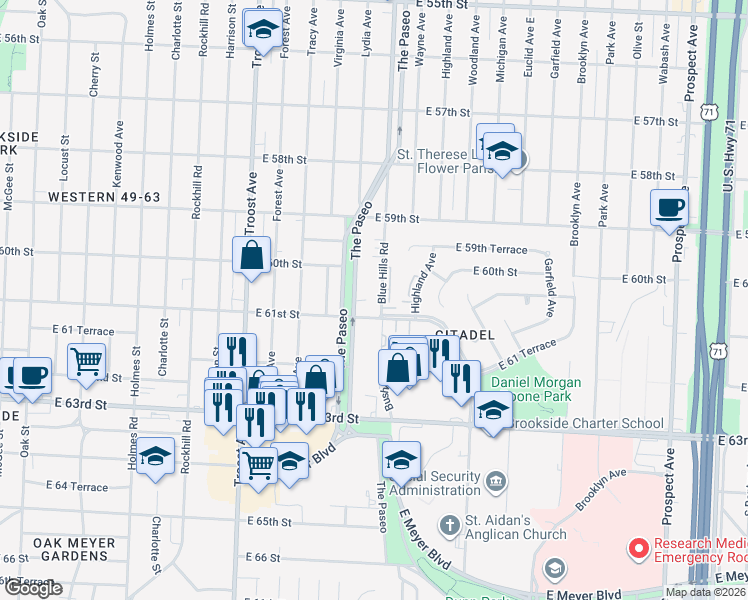 map of restaurants, bars, coffee shops, grocery stores, and more near in Kansas City