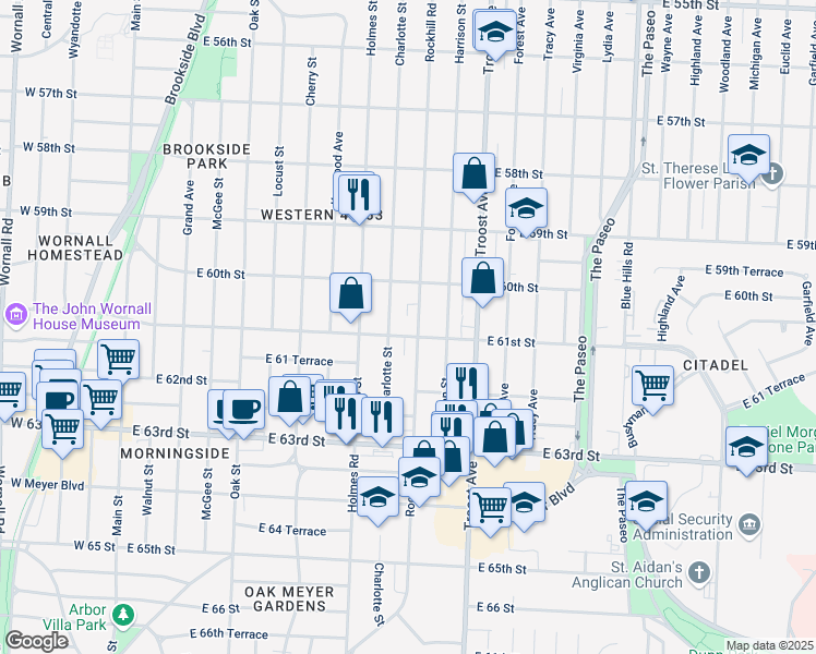map of restaurants, bars, coffee shops, grocery stores, and more near 6101 Rockhill Road in Kansas City
