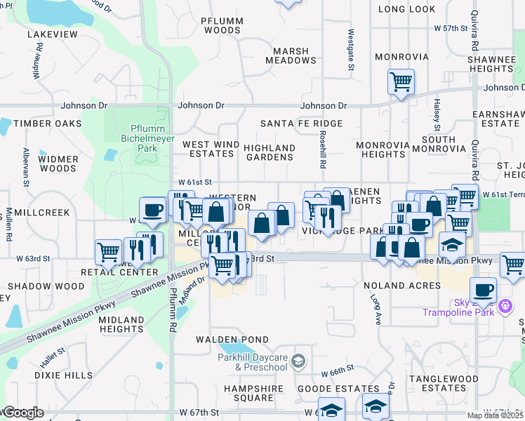 map of restaurants, bars, coffee shops, grocery stores, and more near 6209 Richards Drive in Shawnee