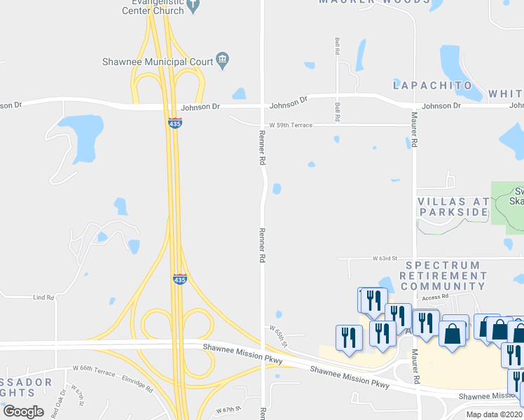 map of restaurants, bars, coffee shops, grocery stores, and more near 6112 Renner Road in Shawnee