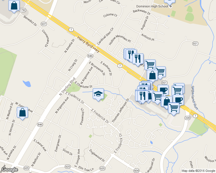 map of restaurants, bars, coffee shops, grocery stores, and more near 503 East Charlotte Street in Sterling