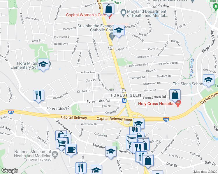 map of restaurants, bars, coffee shops, grocery stores, and more near 2105 Walsh View Terrace in Silver Spring