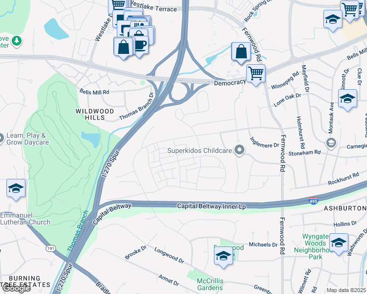 map of restaurants, bars, coffee shops, grocery stores, and more near 6924 Viceroy Alley in Bethesda