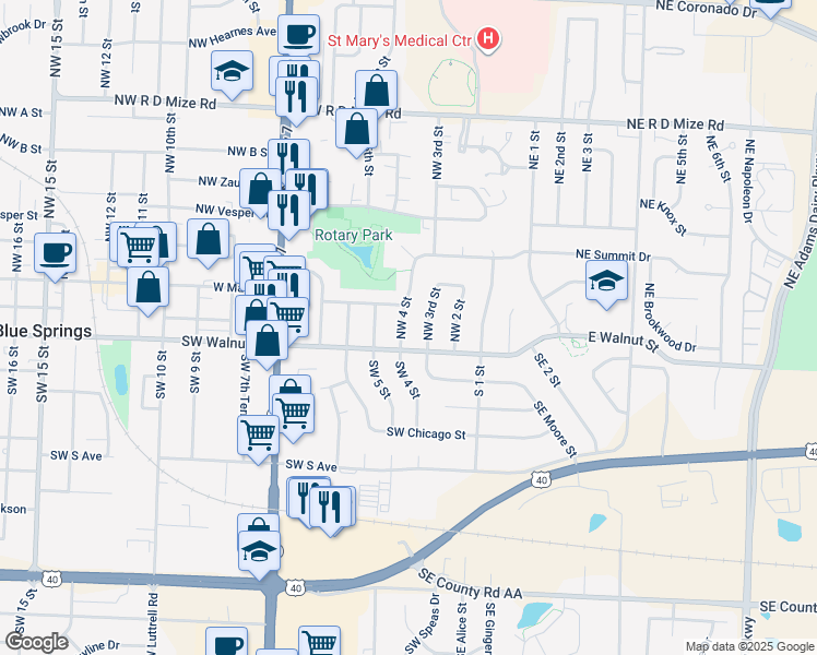 map of restaurants, bars, coffee shops, grocery stores, and more near 108 Northwest 4 Street in Blue Springs