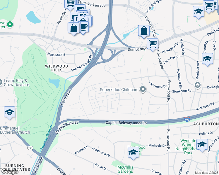map of restaurants, bars, coffee shops, grocery stores, and more near 6924 Viceroy Alley in Bethesda