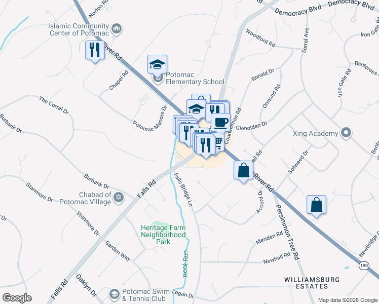 map of restaurants, bars, coffee shops, grocery stores, and more near 9812 Falls Road in Potomac