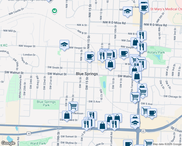 map of restaurants, bars, coffee shops, grocery stores, and more near in Blue Springs