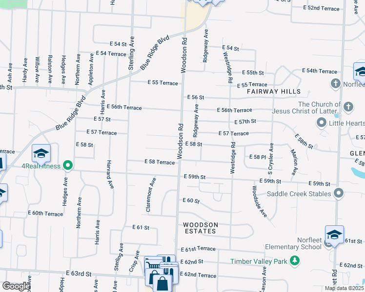 map of restaurants, bars, coffee shops, grocery stores, and more near 5804 Woodson Road in Raytown