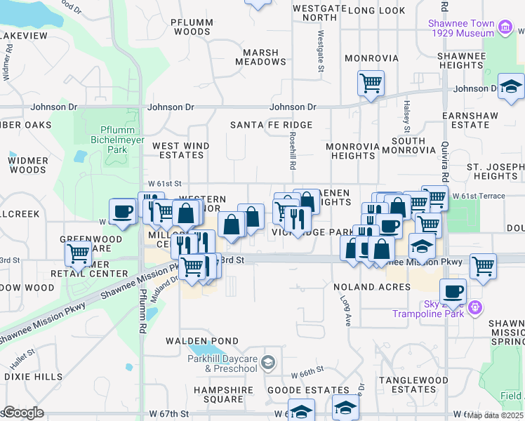 map of restaurants, bars, coffee shops, grocery stores, and more near 7618 Parkhill St in Shawnee