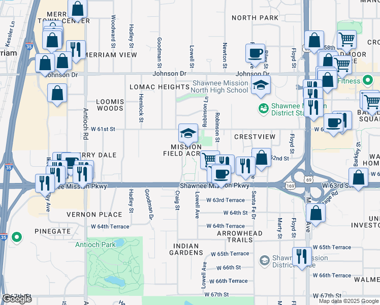 map of restaurants, bars, coffee shops, grocery stores, and more near 6101 Craig Street in Merriam