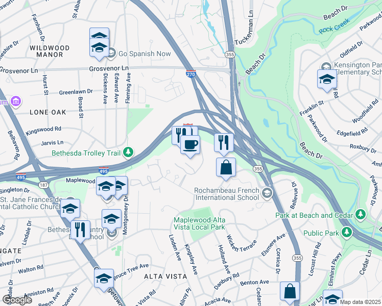 map of restaurants, bars, coffee shops, grocery stores, and more near 5225 Pooks Hill Road in Bethesda