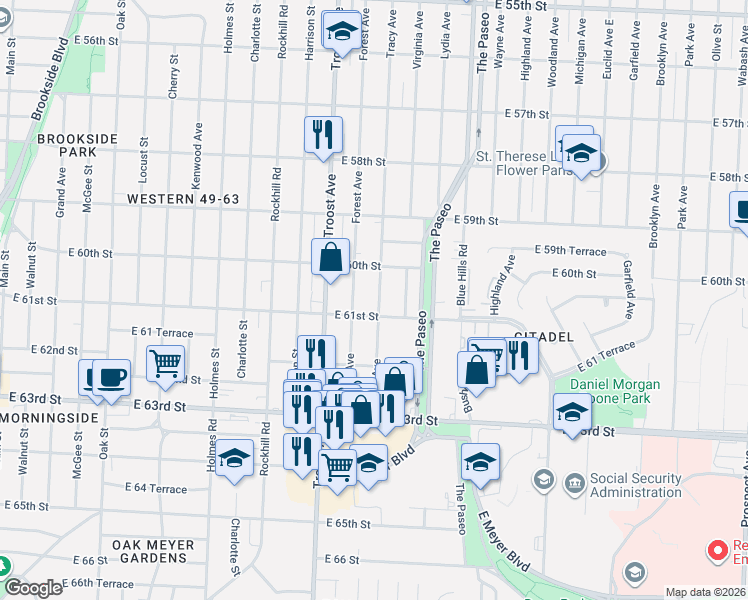 map of restaurants, bars, coffee shops, grocery stores, and more near 1301 East 61st Street in Kansas City