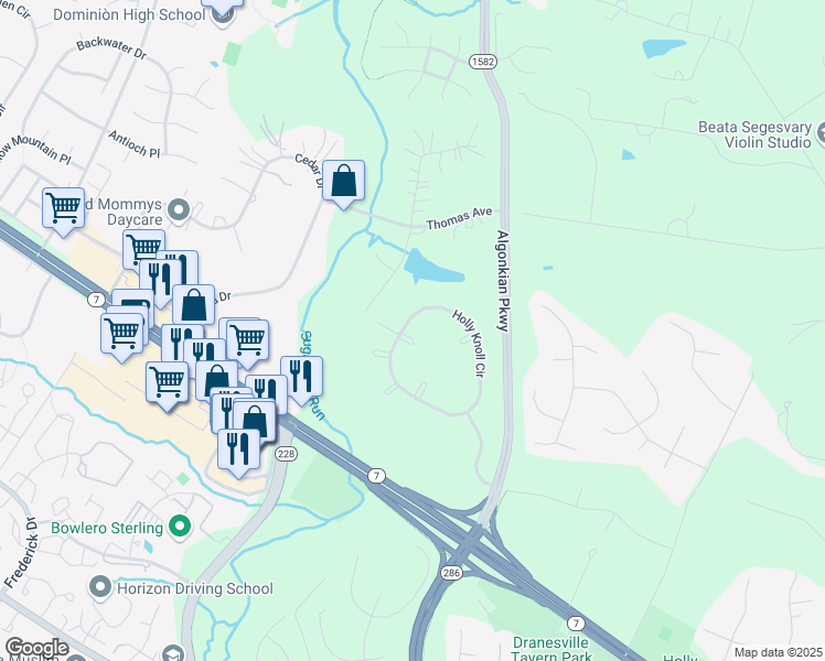 map of restaurants, bars, coffee shops, grocery stores, and more near 12141 Holly Knoll Circle in Great Falls