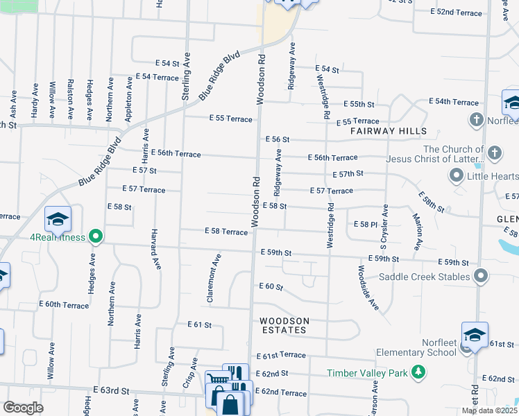 map of restaurants, bars, coffee shops, grocery stores, and more near 5804 Woodson Road in Raytown