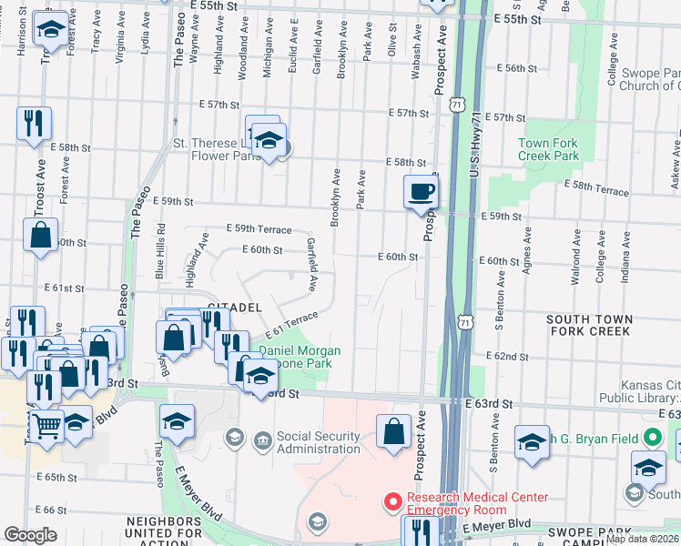 map of restaurants, bars, coffee shops, grocery stores, and more near 6027 Brooklyn Avenue in Kansas City