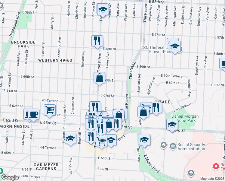 map of restaurants, bars, coffee shops, grocery stores, and more near 1301 East 61st Street in Kansas City