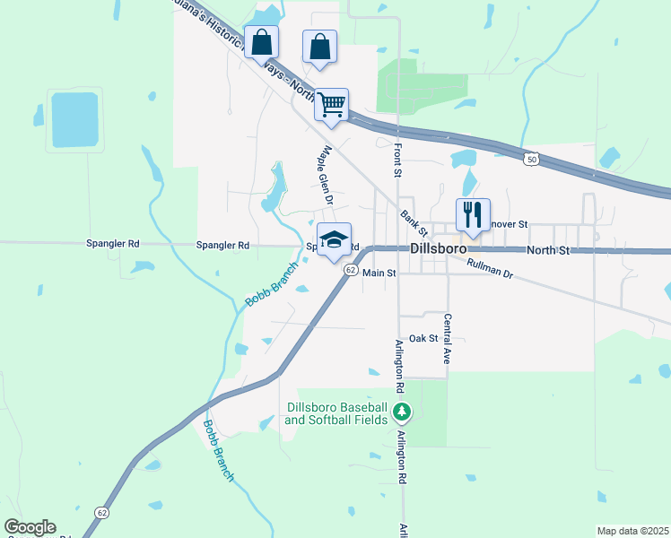 map of restaurants, bars, coffee shops, grocery stores, and more near 13200 North Street in Dillsboro