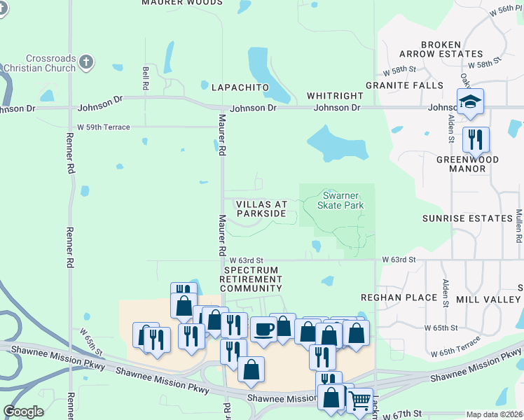 map of restaurants, bars, coffee shops, grocery stores, and more near 6100 Park Street in Shawnee