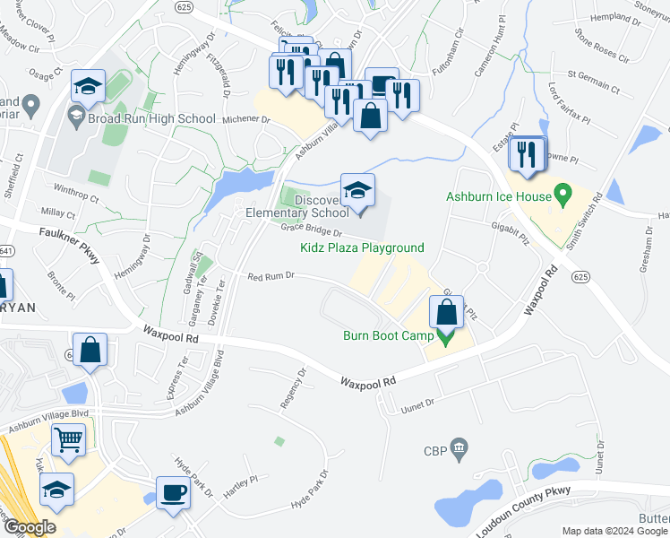 map of restaurants, bars, coffee shops, grocery stores, and more near 21660 Red Rum Drive in Ashburn