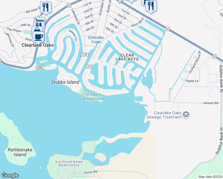 map of restaurants, bars, coffee shops, grocery stores, and more near 13168 Keys Boulevard in Clearlake Oaks