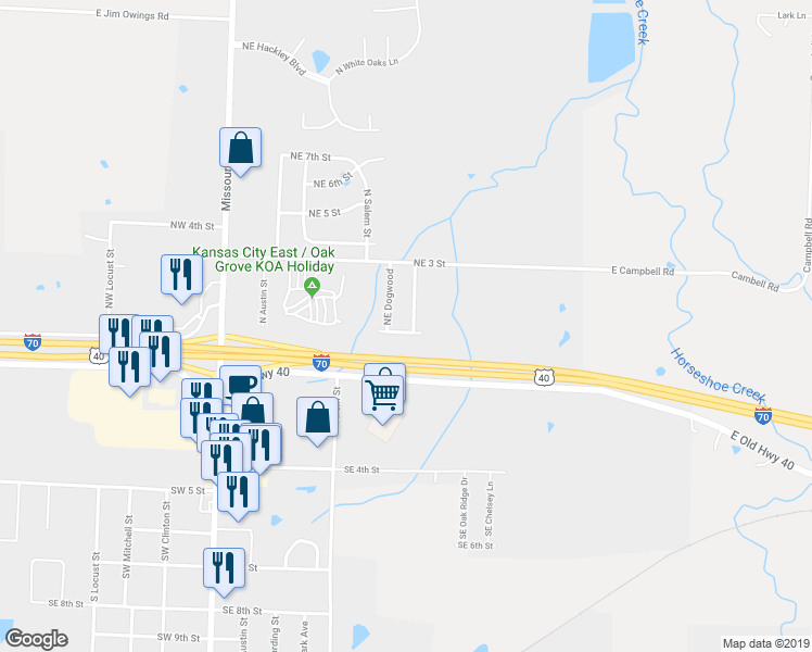 map of restaurants, bars, coffee shops, grocery stores, and more near 100 Northeast Sunshine Street in Oak Grove