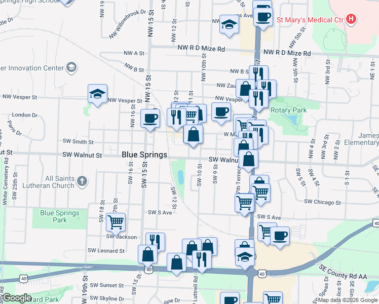 map of restaurants, bars, coffee shops, grocery stores, and more near in Blue Springs